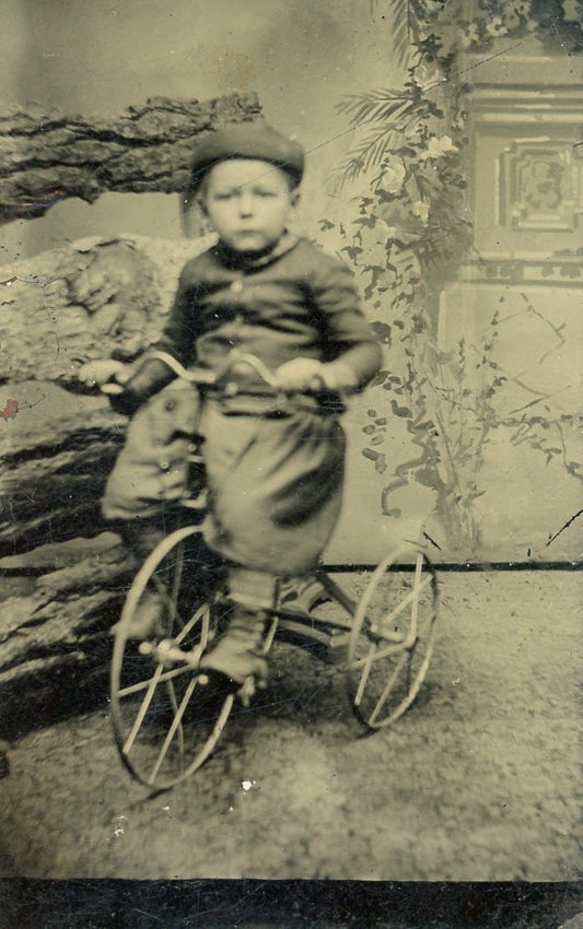 Tintype Child on Tricycle late 1800's